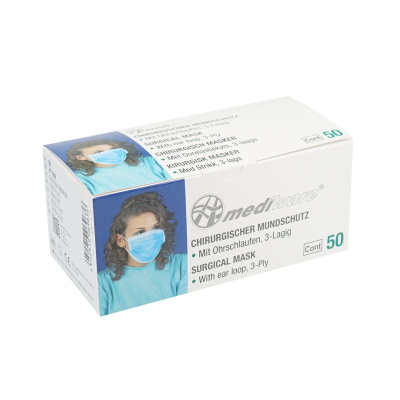 OP-Maske Mundschutz 3-lagig, blau, mit Bändern, , Innenseite weißTyp IIR-EN 14683 (50 Stück)